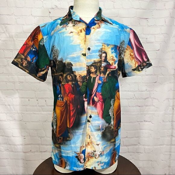 L REASON BRAND Renaissance Print Button short sleeve down shirt nwt - Picture 1 of 10